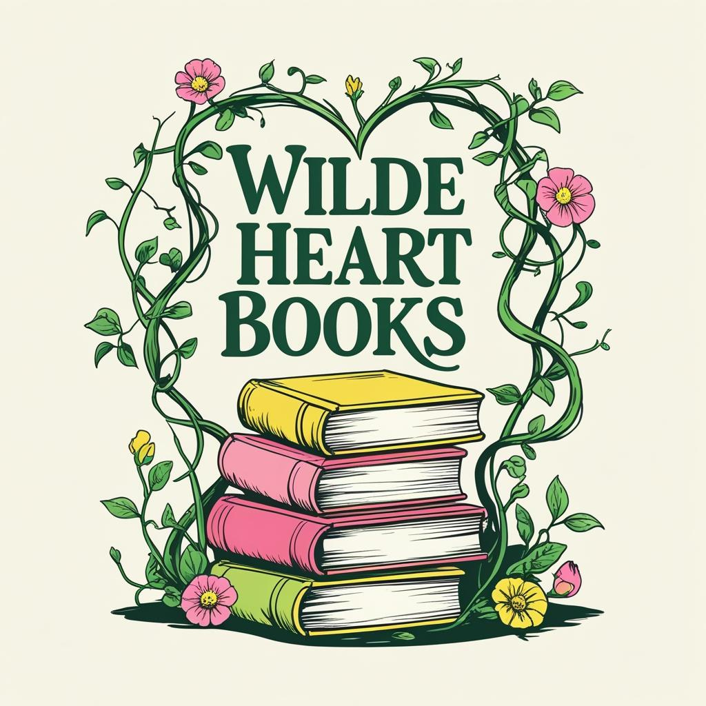 Wilde Heart Books logo with a stack of books surrounded by plants on a beige background